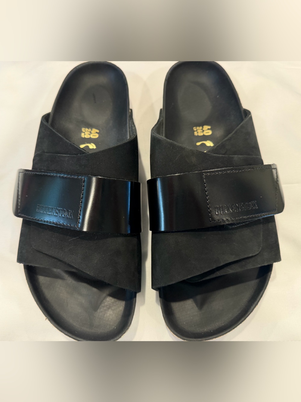 Birkenstock Black Suede Two-Strap Slide Sandals with Shiny Accents - Picture 2 of 6